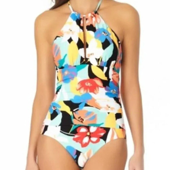 ANNE COLE High Neck Keyhole Ruched Floral One-Piece Bathing Swim Suit NWT 8 - Picture 1 of 6